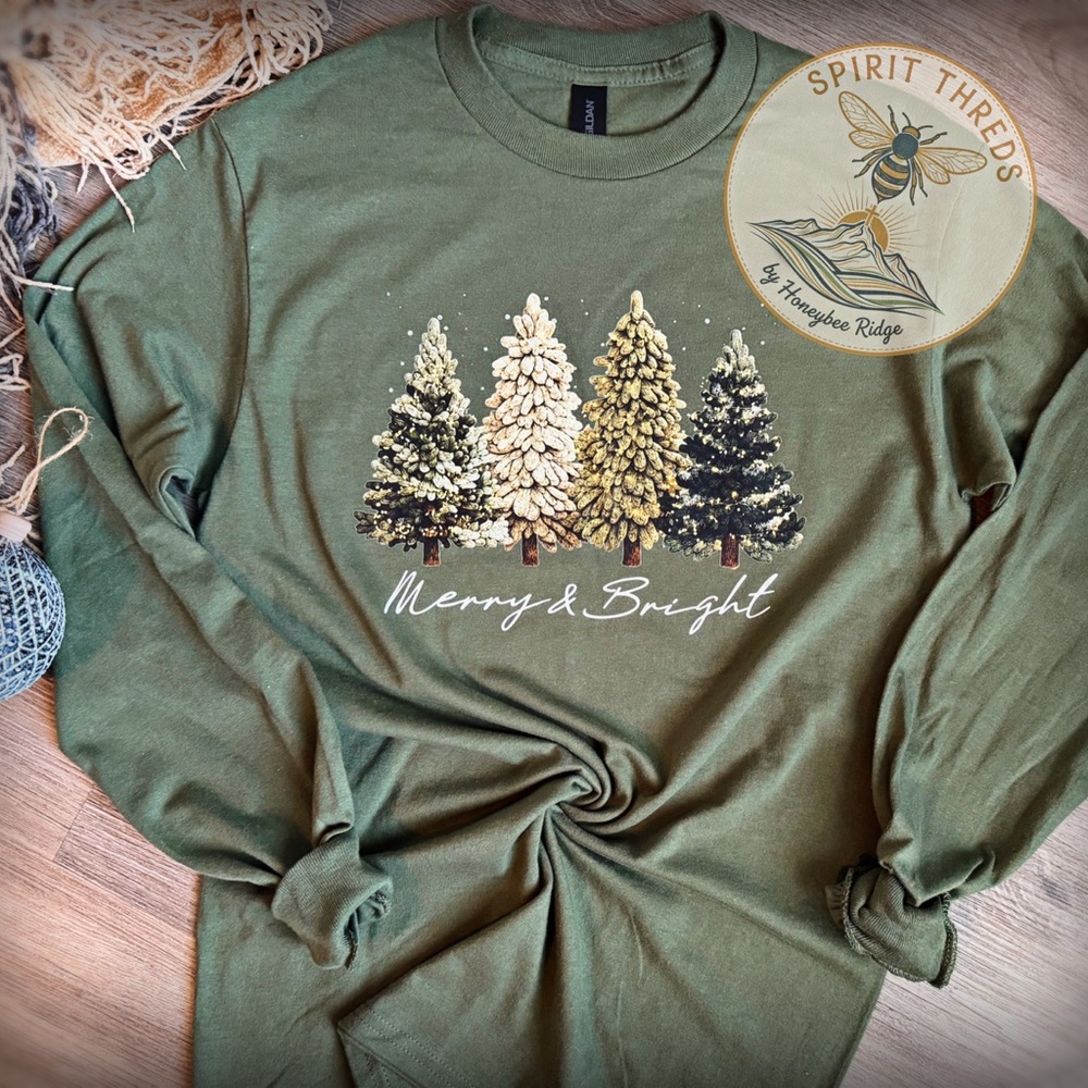 Green Holiday Long Sleeve Tee with festive Tree Design